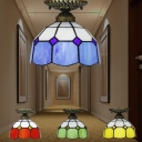 Single-Bulb Corridor Ceiling Lighting Tiffany Red/Pink/Yellow Semi Flush Light with Bowl Gridded Glass Shade