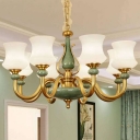 Opal Blown Glass Curve Chandelier Retro 6/8/12-Head Green and Brass Ceiling Hang Lamp for Dining Room