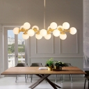 Linear Dining Room Chandelier Ivory Ball Glass 8/16 Heads Postmodern Hanging Lamp in Gold