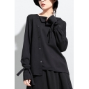 Black T Shirt Tied Long Sleeve Asymmetric Neck Button Up Relaxed Fashion T Shirt