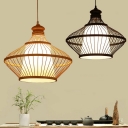 Teardrop Tearoom Ceiling Hang Lamp Bamboo 1 Bulb Asian Suspension Pendant in Black with Cone Shade Inner