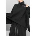 Trendy Womens Black Sweatshirt Batwing Sleeve High Neck Asymmetric Hem Loose Fit Pullover Sweatshirt