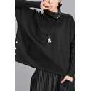 Cool Girls Sweatshirt Press Button Straps Batwing Sleeve Stand Collar Relaxed Fit Pullover Sweatshirt in Black