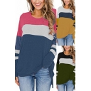 Casual Womens T Shirt Contrasted Long Sleeve Crew Neck Loose Fit Tee Top