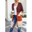 Casual Womens Cardigan Knit Colorblock Long Sleeve Open Front Longline Relaxed Cardigan