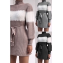 Fashion Dress Knit Long Sleeve High Neck Contrasted Bow Tied Waist Short A-line Sweater Dress for Women