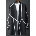 Trendy Mens Cardigan Contrast Stripe Pattern Open Front Long Sleeves Notched Stand Collar Regular Fitted Cardigan