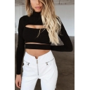 Elegant Womens Tee Top Solid Color Hollow-out Detail Mock Neck Long Sleeves Cropped Slim Fitted T-Shirt