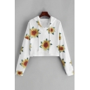 Cute Allover Sunflower Printed Long Sleeve Cropped White Hoodie