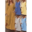 Fancy Women's A-Line Dress Tiered Button Pleated Detail Solid Color Long Sleeves Relaxed Fit Long A-Line Dress
