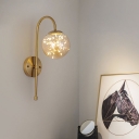 Brass Gooseneck Wall Light Fixture Post-Modern Metal LED Starry Wall Mount Lamp with Ball Amber/Smoke Glass Shade