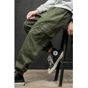 Fancy Men's Cargo Pants Label Patched Side Pockets Drawstring Waist Banded Cuffs Tapered Pants