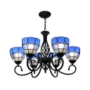 Bell Chandelier Mediterranean Stained Glass 6-Head Blue Hanging Light with Scroll Arm