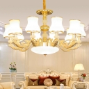 3/6/8 Heads Flared Chandelier Contemporary Gold Milky Glass Hanging Light Fixture with Carved Arm