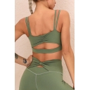 Trendy Women's Yoga Tank Top Solid Color Hollow out Pleated Double Strap Scoop Neck Sleeveless Fitted Fitness Bra