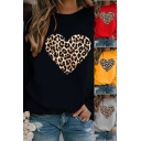 Classic Womens Sweatshirt Heart Shaped Leopard Print Long Sleeve Crew-neck Loose Pullover Sweatshirt