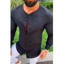 Casual Men's Shirt Solid Color Button Fly Round Neck Long Sleeves Regular Fitted Shirt