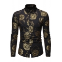 Chic Guys Shirt Floral Print Long Sleeve Point Collar Button-up Slim Fit Shirt Top