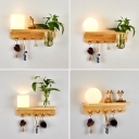 Bucket/Globe Bedside Wall Lamp White Glass 1 Bulb Nordic Left/Right Sconce Light with Hanger and Wood Rack, Small/Large