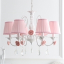 Cone Pleated Fabric Chandelier Pastoral 3/6/8 Heads Bedroom Hanging Lamp in Pink/Blue with Braided Trim and Crystal Drop