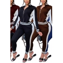 Stylish Womens Set Striped Contrasted Long Sleeve Stand Collar Zip Up Fit Jacket & Pants Set
