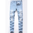 Elegant Men's Jeans Contrast Panel Distressed Frayed Hem Side Pocket Broken Hole Button Fly Mid Waist Long Straight Jeans with Light Washing Effect
