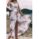 Classic Womens Beach Dress Floral Pattern Tie Side Maxi Regular Fitted Surplice Neck Sleeveless A-Line Wrap Dress