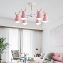 Macaron Conical Ceiling Pendant Metal 6 Lights Living Room Chandelier with Antler Top in Grey/Pink/Yellow