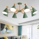 Metallic Conical Rotating Chandelier Macaron 8-Bulb Grey/Blue/Green and Wood Ceiling Suspension Lamp for Living Room