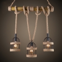 3 Heads Rope Island Light Rustic Black Birdcage Dining Room Suspension Pendant Light with Bamboo Pole