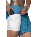 Fancy Men's Shorts Solid Color Double Layered Invisibile Pocket Drawstring Elastic Waist Regular Fitted Shorts