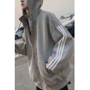 Trendy Men's Jacket Three-Stripe Pattern Side Pcokets Zip Closure Stand Collar Regular Fitted Drawstring Hooded Jacket