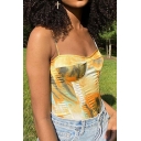 Edgy Looks Womens Tie Dye Pattern Spaghetti Straps Slim Fit Cami Top in Yellow