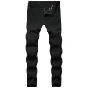 Fancy Men's Jeans Solid Color Pleated Panelled Button Fly Long Regular Fitted Jeans in Black
