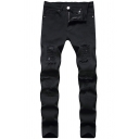 Leisure Men's Jeans Distressed Hole Button Fly Mid Waist Fitted Long Jeans