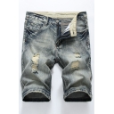 Leisure Men's Shorts Distressed Side Pockets Button Fly Mid Waist Regular Fitted Knee Length Shorts