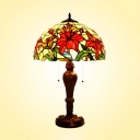 Tiffany Lily Patterned Dome Night Lamp 2 Lights Stained Glass Pull Chain Table Light in Red
