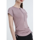 Quick Dry Women's Yoga T-Shirt Solid Color Ruched Side Zip Front Round Neck Short-sleeved Fitted Training Tee Top