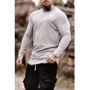 Fancy Men's Tee Top Solid Color Ribbed Knit Round Neck Long-sleeved Fitted T- Shirt