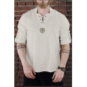 Fashionable Men's Tee Top Icon Print Lace up Notched Roll Collar Long Sleeves Cotton and Linen Regular Fitted T-Shirt