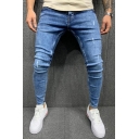 Stylish Men's Jeans Distressed Faded Wash Zip Fly Ankle Length Skinny Jeans