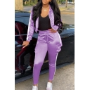 Fancy Women's Set Bright Satin Stand Collar Zip Closure Long Sleeves Banded Cuffs Tee Top with Drawstring Waist Flap Pocket Ankle Length Pants Co-ords