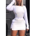 Leisure Women's Co-ords Contrast Panel Round Neck Long Sleeves Side Split Fitted Tee Top with Drawstring Waist Mini Skirt Set