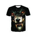 Popular Black Tee Top Wolf 3D Print Short Sleeve Crew Neck Fitted T Shirt for Boys