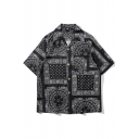 Unique Men's Shirt All over Paisley Pattern Button-down Spread Collar Short Sleeves Relaxed Fit Shirt