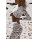 Unique Womens Co-ords Solid Color Fishnet Long Sleeve Cropped Round Neck Tee Slim Fitted Pants Beach Cover up Co-ords