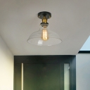 Nautical Barn/Bell/Cone Flushmount Light Single-Bulb Clear Glass Semi Flush Ceiling Light in Black-Brass
