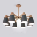 Macaron Horn Shaped Chandelier Metal 8 Heads Bedroom Hanging Light in Grey/Green with Wood Arm