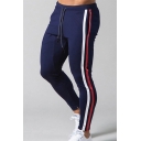 Trendy Mens Training Pants Double Stripe Pattern Pocket Design Zip Split Hem Drawstring Elastic Waist Fitted Gym Pants