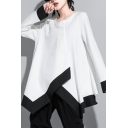 Fashion Girls T Shirt Contrasted Long Sleeve Crew Neck Patched Asymmetric Hem Loose Fit T Shirt